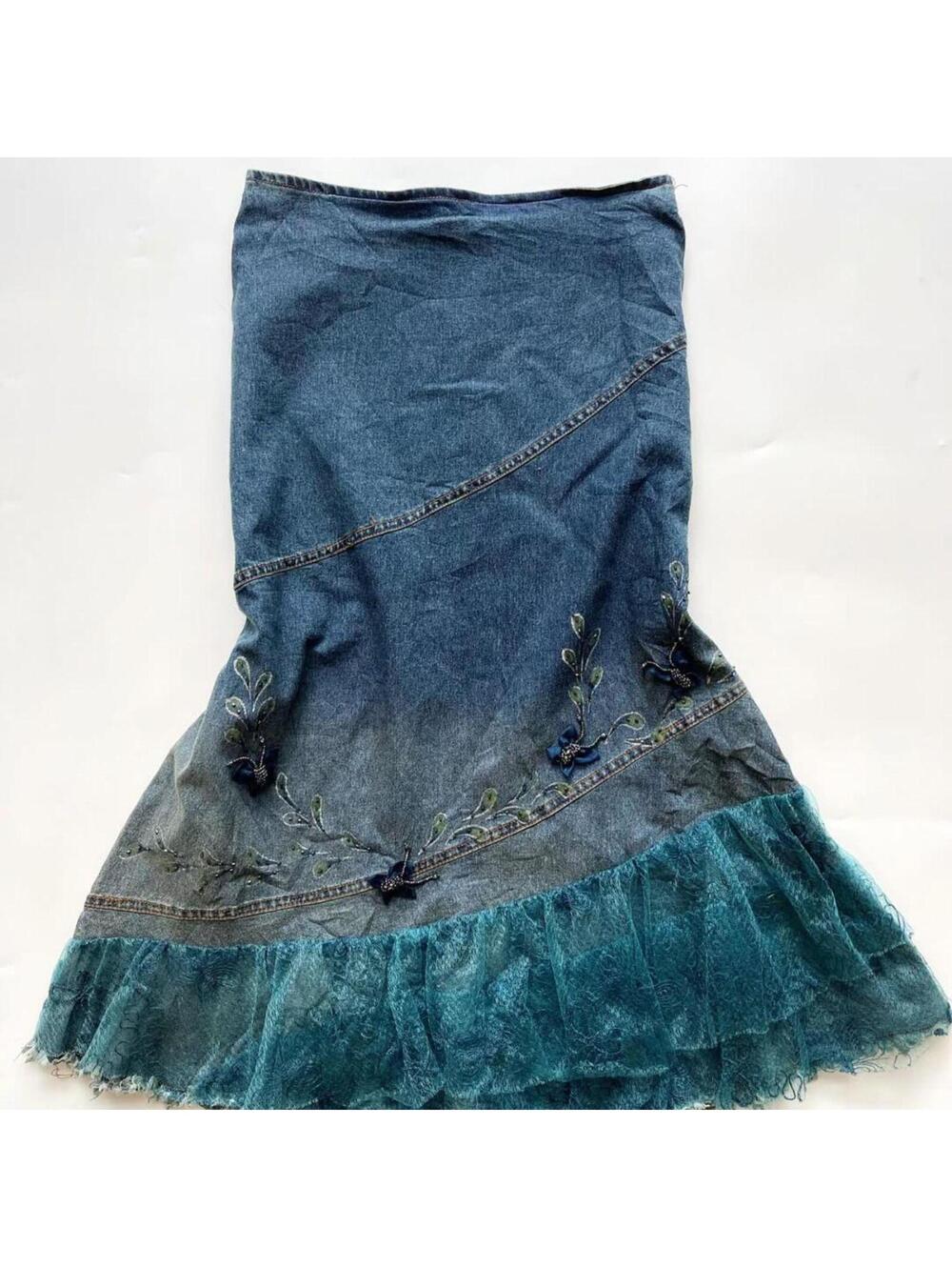 Y2K Butterfly Denim Ruffle Midi Skirt